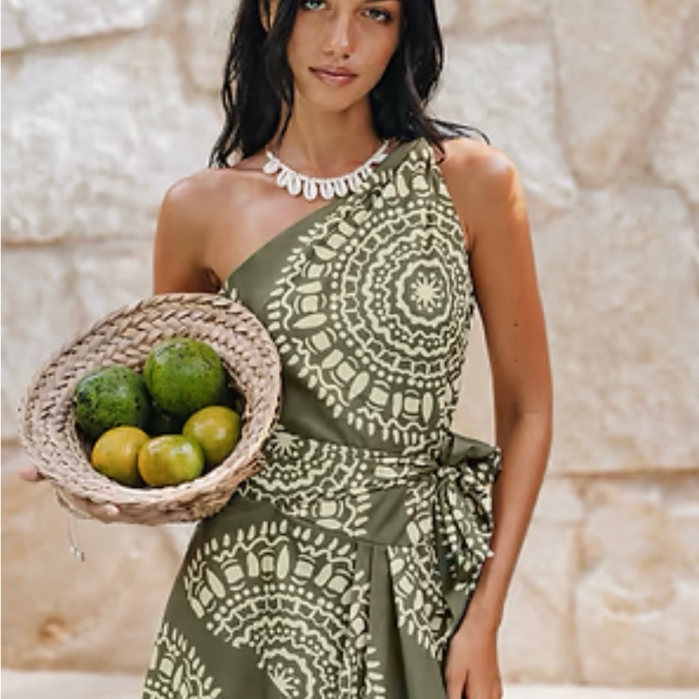 Ornate Print One Shoulder Tie Side Dress
